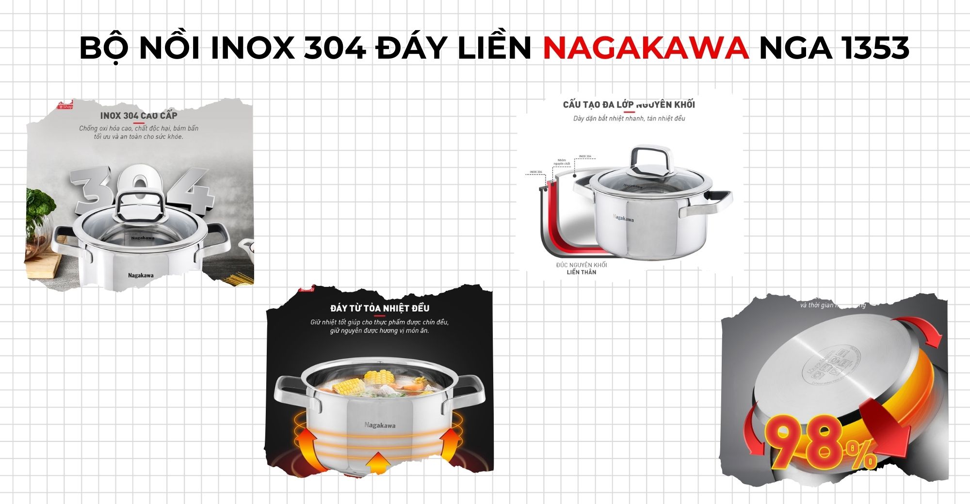 Bộ nồi inox nagakawa nag 1353, bộ nồi inox 3 món, bộ nồi inox đáy từ, bộ nồi inox đáy liền, bộ nồi inox 304, Giá chỉ từ 2690.000 đồng