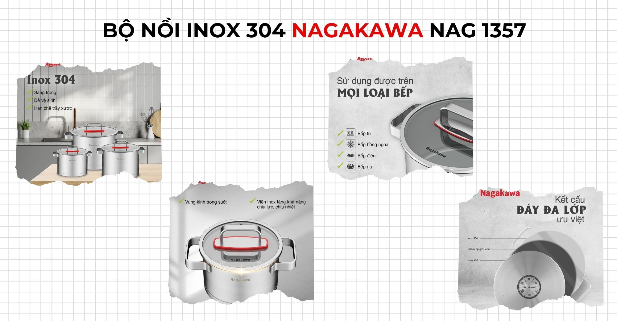 Bộ nồi inox nagakawa nag 1357, bộ nồi inox 3 món, bộ nồi inox đáy từ, bộ nồi inox đáy liền, bộ nồi inox 304, Giá chỉ từ 2290.000 đồng