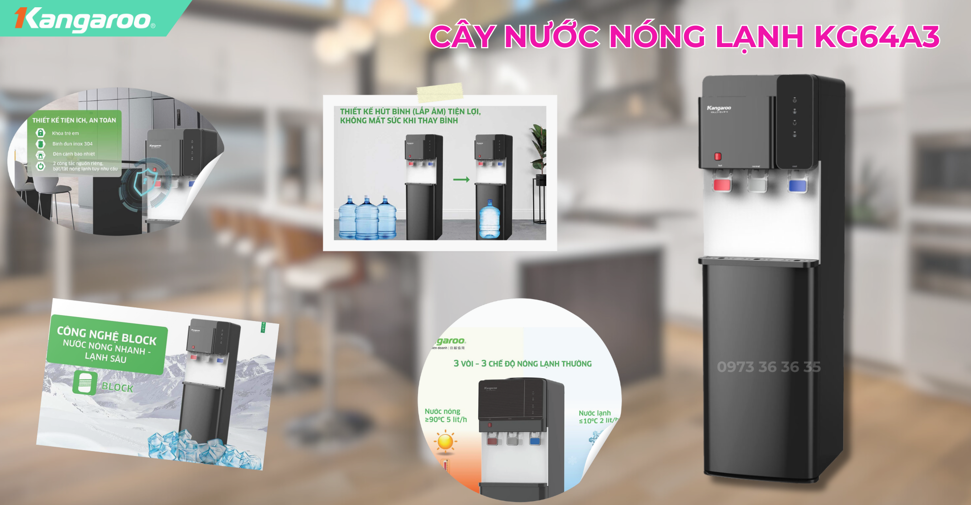 Cây nước nóng lạnh kangaroo 64a3, hút bình kangaroo, Giá cây nước nóng lạnh kangaroo