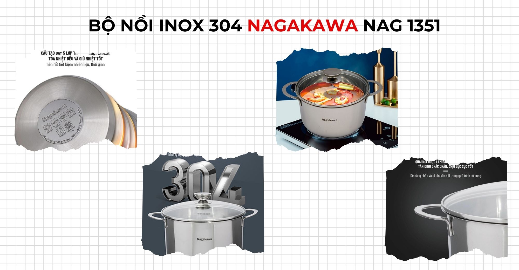 Bộ nồi inox nagakawa nag 1351, bộ nồi inox 3 món, bộ nồi inox đáy từ, bộ nồi inox đáy liền, bộ nồi inox 304, Giá chỉ từ 1.290.000 đồng