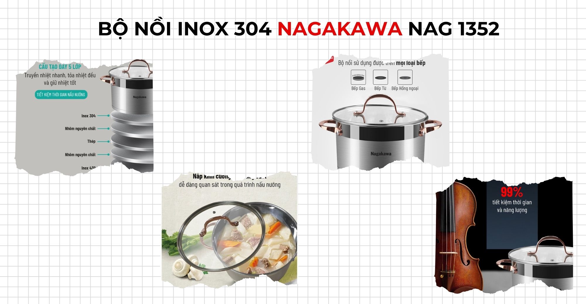 Bộ nồi inox nagakawa nag 1352, bộ nồi inox 3 món, bộ nồi inox đáy từ, bộ nồi inox đáy liền, bộ nồi inox 304, Giá chỉ từ 1.290.000 đồng