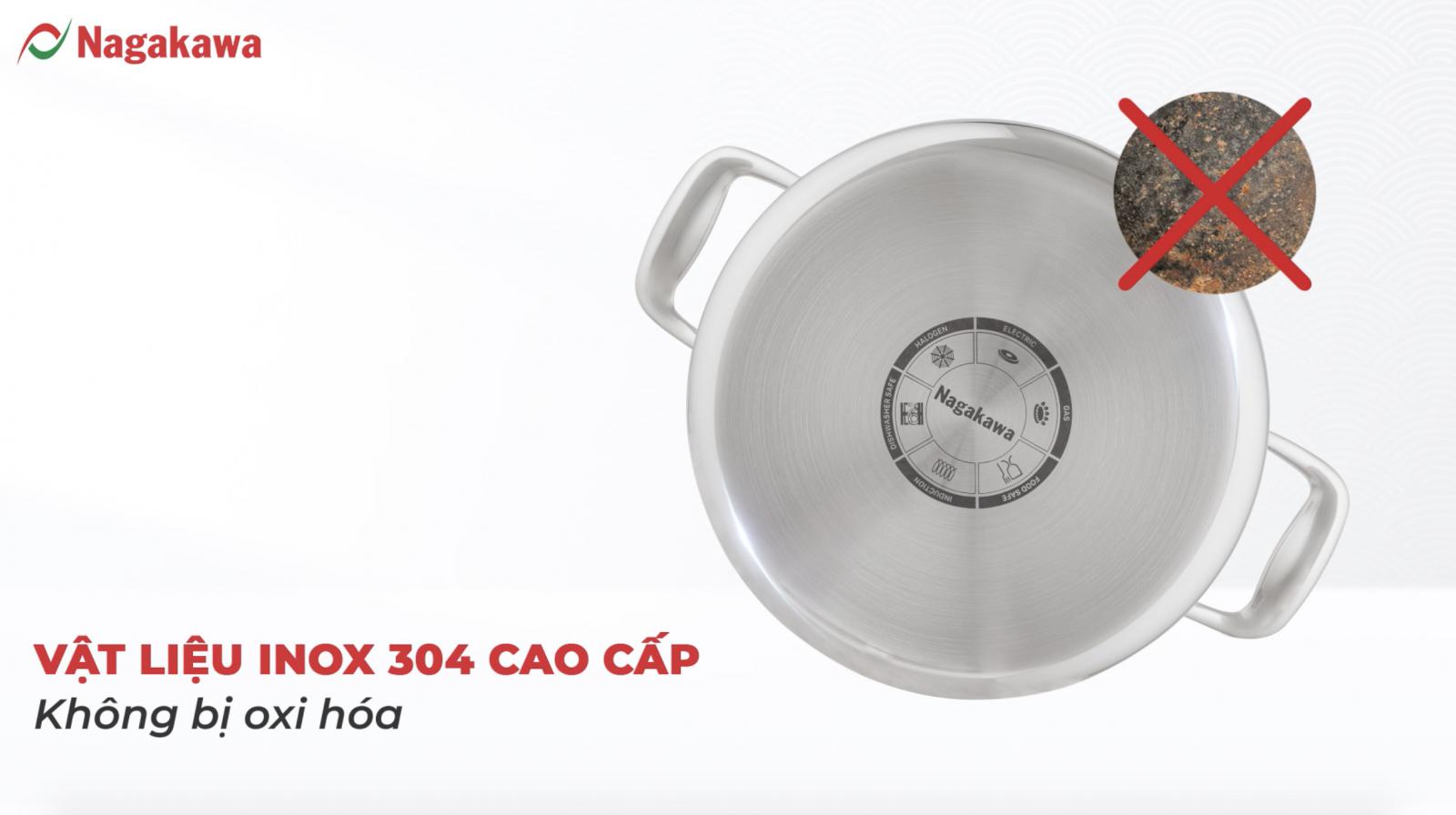 Bộ nồi inox nagakawa nag 1355, bộ nồi inox 3 món, bộ nồi inox đáy từ, bộ nồi inox đáy liền, bộ nồi inox 304, Giá chỉ từ 5.290.000 đồng