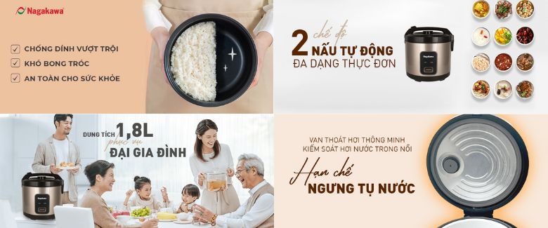 nồi cơm nagakawa nag0143 dung tích 1.8l, tay xách, hai màu xanh và cam