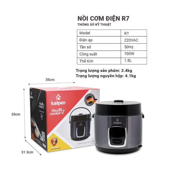 nồi cơm điện kalpen r7 dung tích 1.8l, công suất 700w, lòng niêu chống dính cao cấp, tay xách tiện lợi