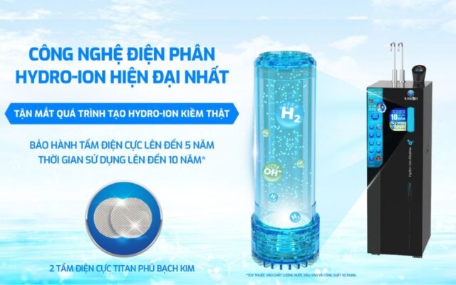 công nghệ điện phân hydro ion với 2 tấm điện cực titan phủ bạch kim siêu bên của Máy lọc nước ion kiềm Karofi KAE-S86