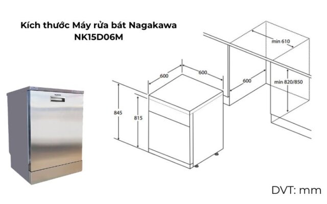 Kích thước máy rửa bát Nagakawa NK15D06M