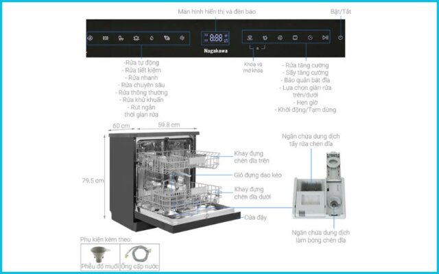 kích thước máy rửa bát Nagakawa NK13D02M