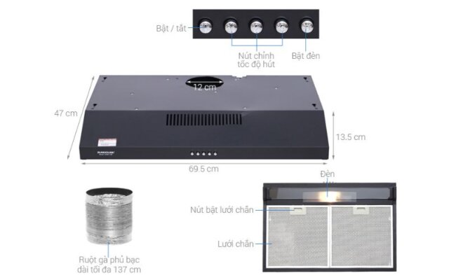 kích thước Máy hút mùi âm tủ Sunhouse SHB6118B